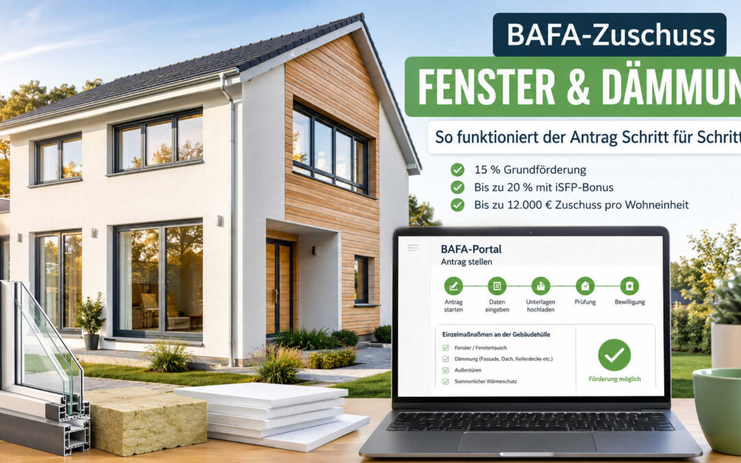Modernes Einfamilienhaus mit neuen Fenstern, Dämmmaterial und Laptop zur BAFA-Förderung für Fenster und Dämmung