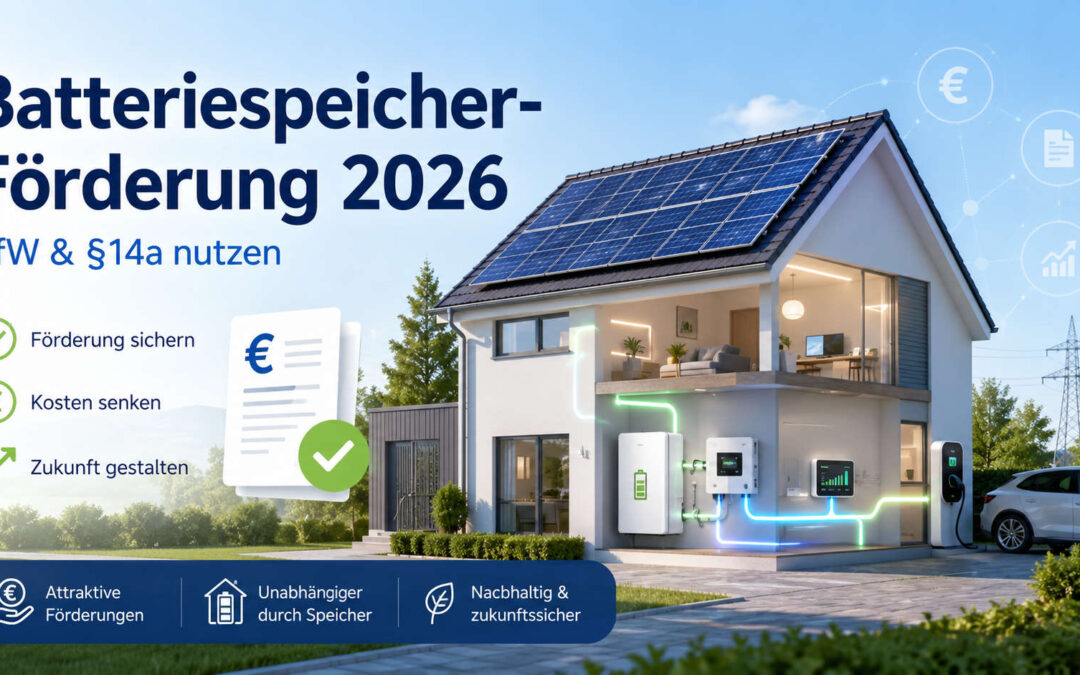Modernes Haus mit Photovoltaikanlage, Batteriespeicher und Wallbox zur Batteriespeicher-Förderung 2026 mit KfW und §14a.