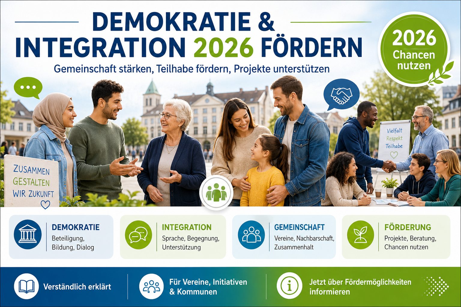 Demokratie und Integration 2026 fördern – Gemeinschaft, Teilhabe und Projekte Moderne Infografik zur Förderung von Demokratie und Integration 2026 mit Menschen verschiedener Generationen, Gemeinschaft, Teilhabe und Projektförderung.