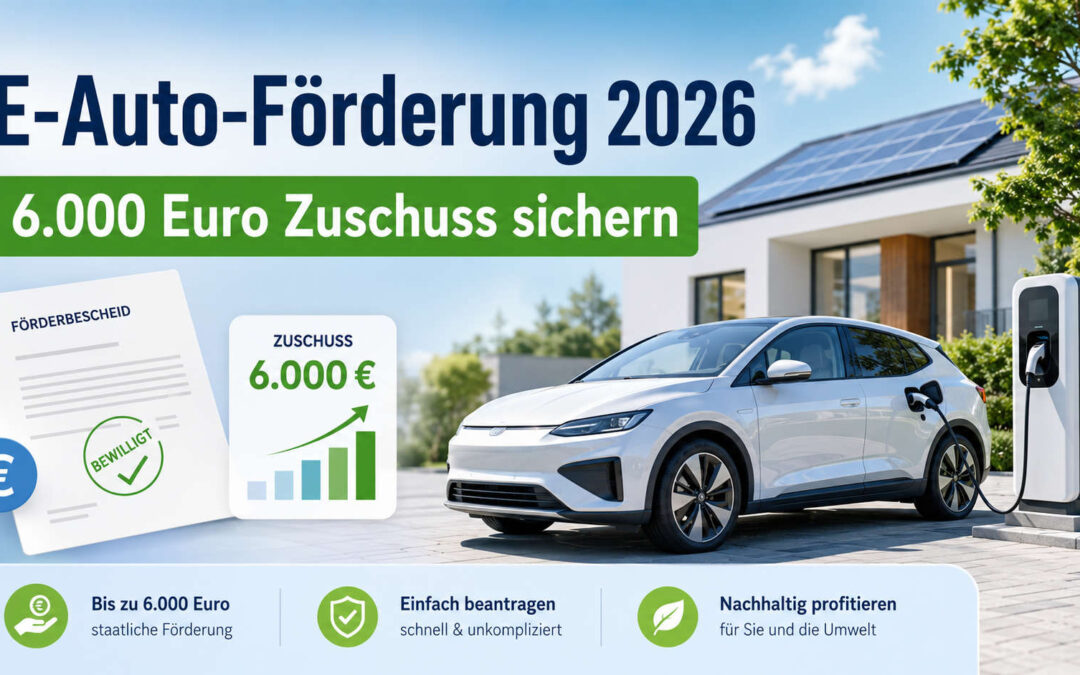 Elektroauto an einer Ladesäule mit Hinweis auf E-Auto-Förderung 2026 und 6.000 Euro Zuschuss