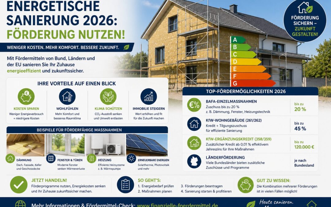 Energetische Sanierung 2026 mit Hausdämmung, neuen Fenstern, Energieeffizienz-Skala, Heizung und Förderhinweisen zu BAFA, KfW und Länderprogrammen.