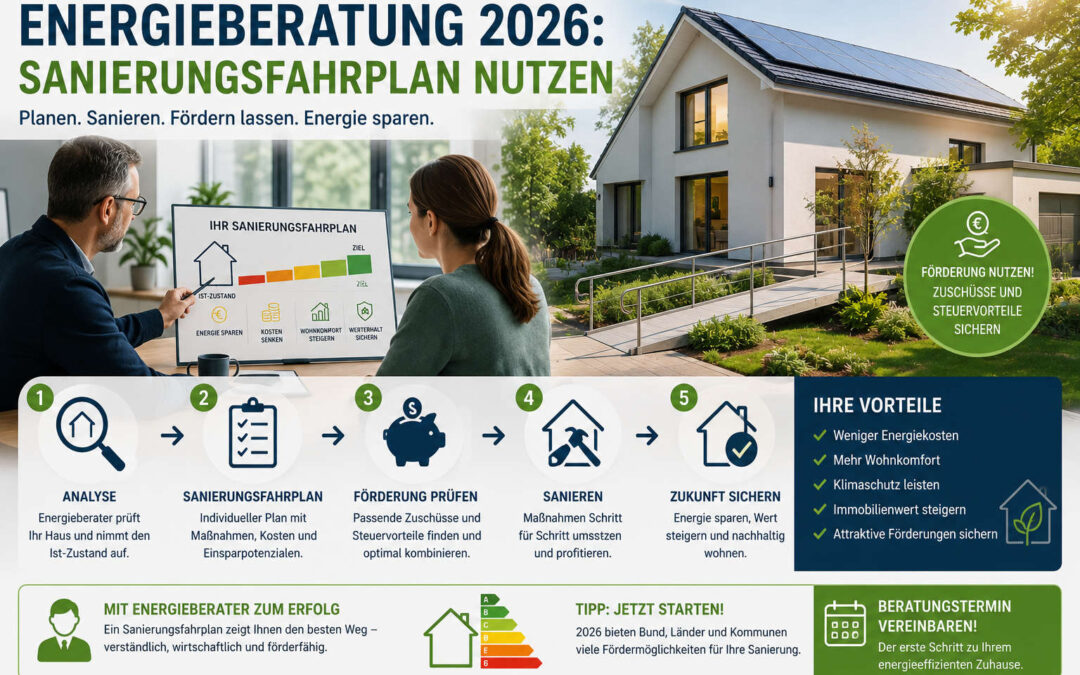 Energieberatung 2026 mit Energieberater, Sanierungsfahrplan, modernisiertem Wohnhaus und Prüfung möglicher Fördermittel.