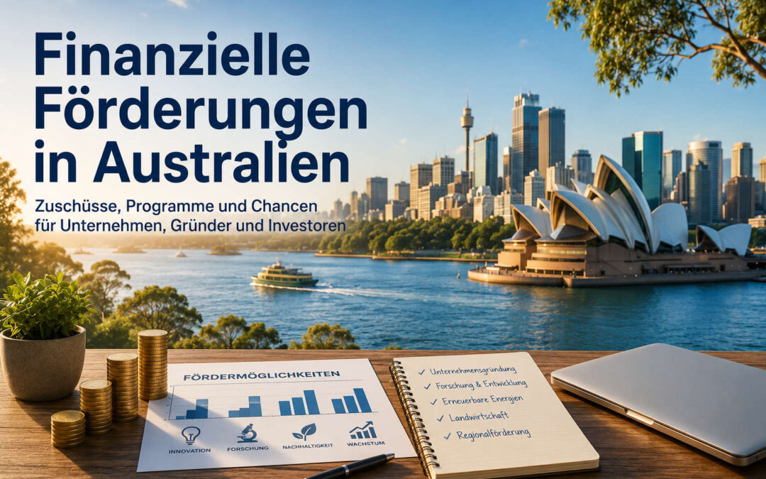 Moderne Skyline Australiens mit Symbolen für finanzielle Förderungen, Unternehmensgründung und Investitionen.