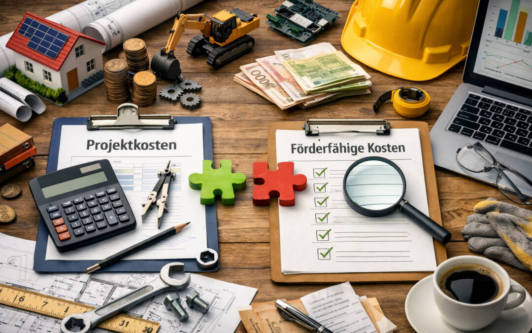 Kreative Visualisierung zur Abgrenzung förderfähiger Kosten mit Projektkosten, Planung, Nebenkosten und Kostenprüfung