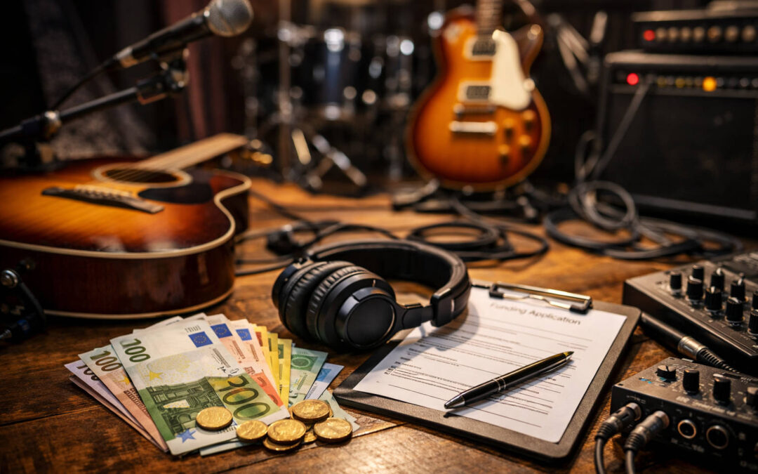 Fördermittel für Musiker 2026 in Deutschland mit Musikinstrumenten, Studioequipment und Finanzierungsunterlagen