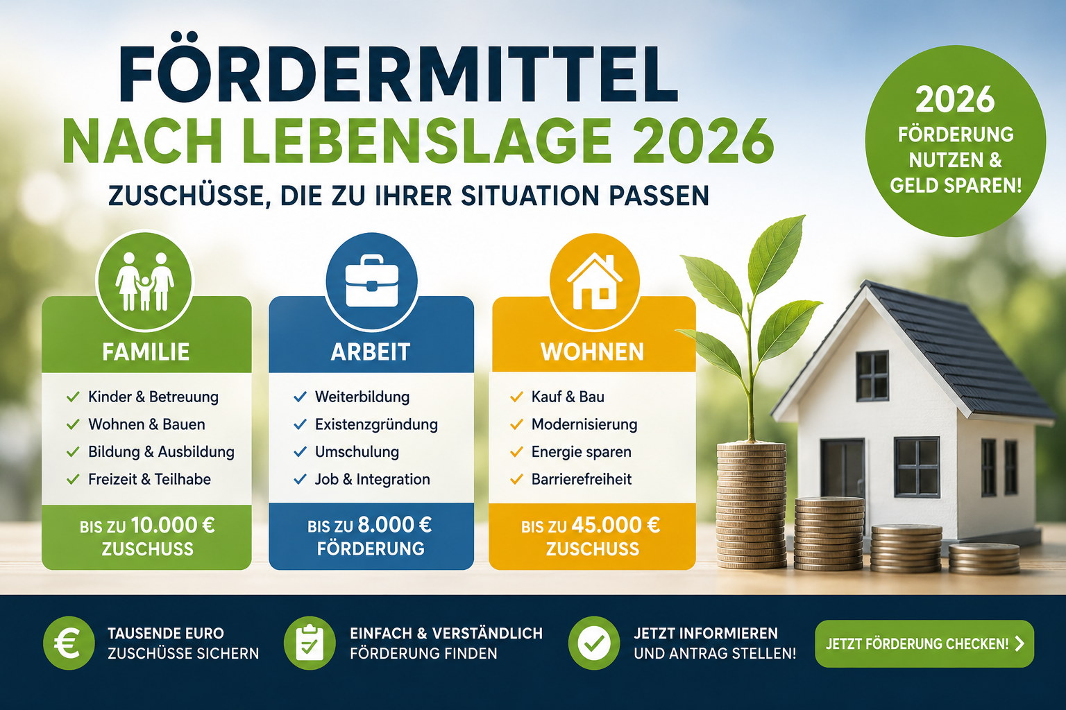Fördermittel nach Lebenslage 2026 – Familie, Arbeit und Wohnen Übersichtliche Infografik zu Fördermitteln nach Lebenslage 2026 mit den Bereichen Familie, Arbeit und Wohnen sowie Symbolen für Zuschüsse, Antrag und finanzielle Entlastung.