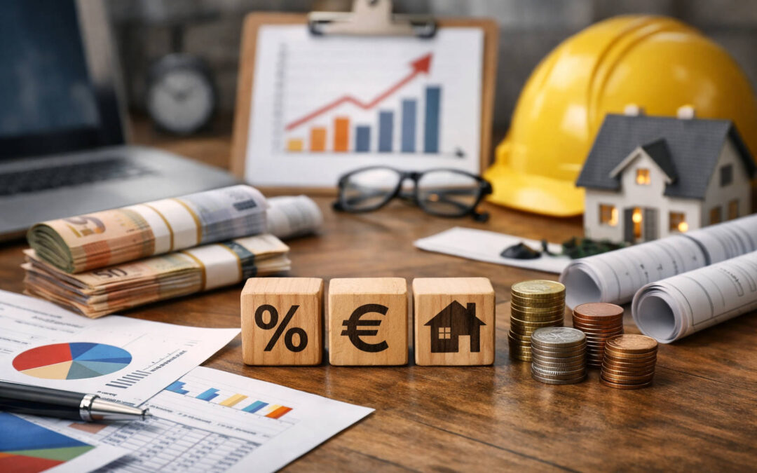 Fotorealistisches Bild zu Förderquote, Beihilfeintensität und Eigenanteil mit Finanzunterlagen, Bauplanung und Kostenübersicht