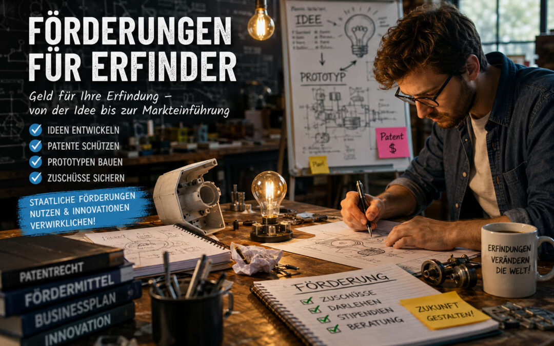 Erfinder entwickelt in einer Werkstatt einen Prototyp und plant Fördermittel für Patent, Entwicklung und Markteinführung