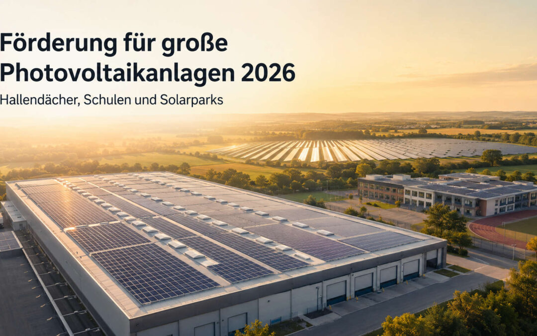 Große Photovoltaikanlagen auf Hallendach, Schule und Solarpark