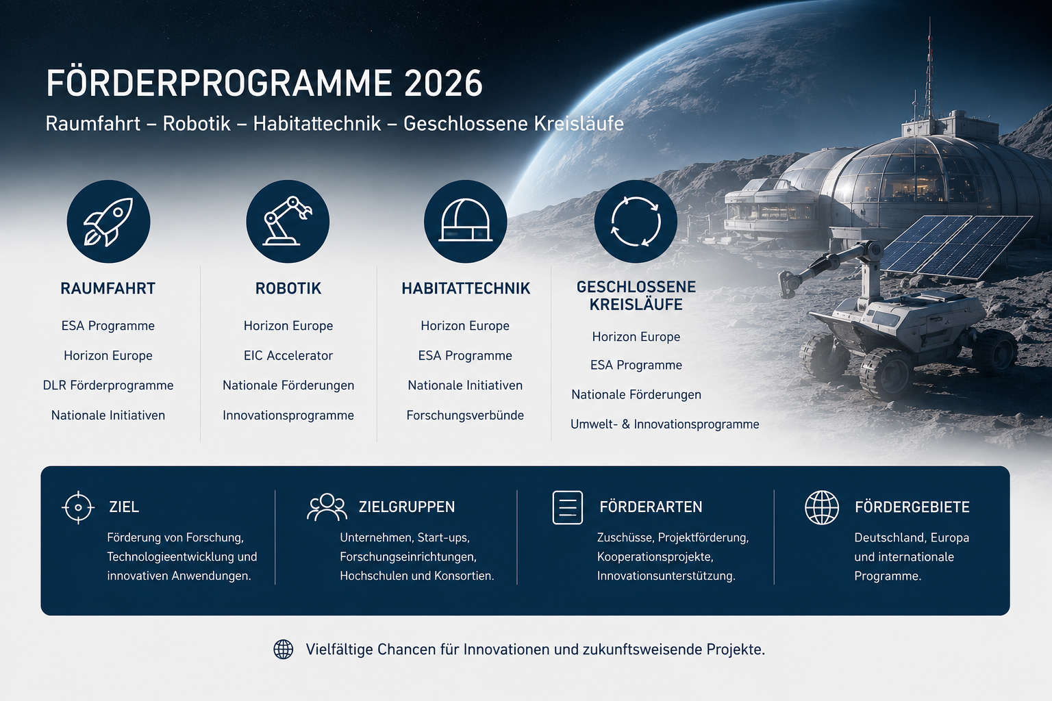 Förderprogramme für Raumfahrt, Robotik und Habitattechnik 2026 Förderprogramme 2026 für Raumfahrt, Robotik, Habitattechnik und geschlossene Kreisläufe
