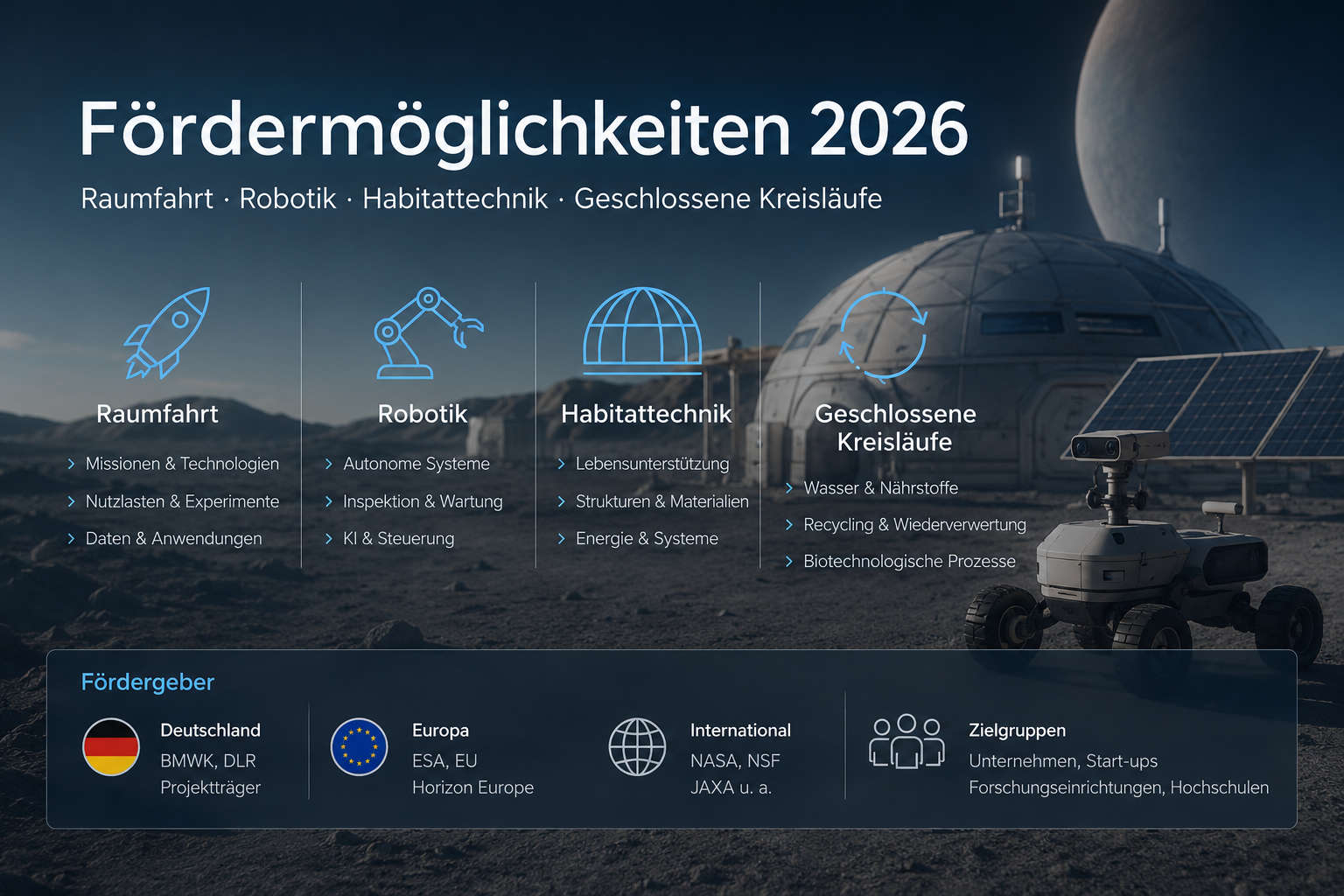Fördermöglichkeiten für Raumfahrt, Robotik und Habitattechnik 2026 Fördermöglichkeiten 2026 für Raumfahrt, Robotik, Habitattechnik und geschlossene Kreisläufe in Deutschland, Europa und international