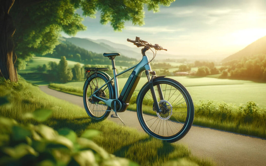 Ein modernes E-Bike auf einem Radweg in einer natürlichen Umgebung mit sonnigem Himmel und grünen Wiesen – Symbol für nachhaltige Mobilität.