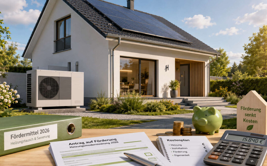 Modernisiertes Einfamilienhaus mit Wärmepumpe, Förderantrag, Kostenplan und Sparschwein als Symbol für Heizungsförderung 2026.