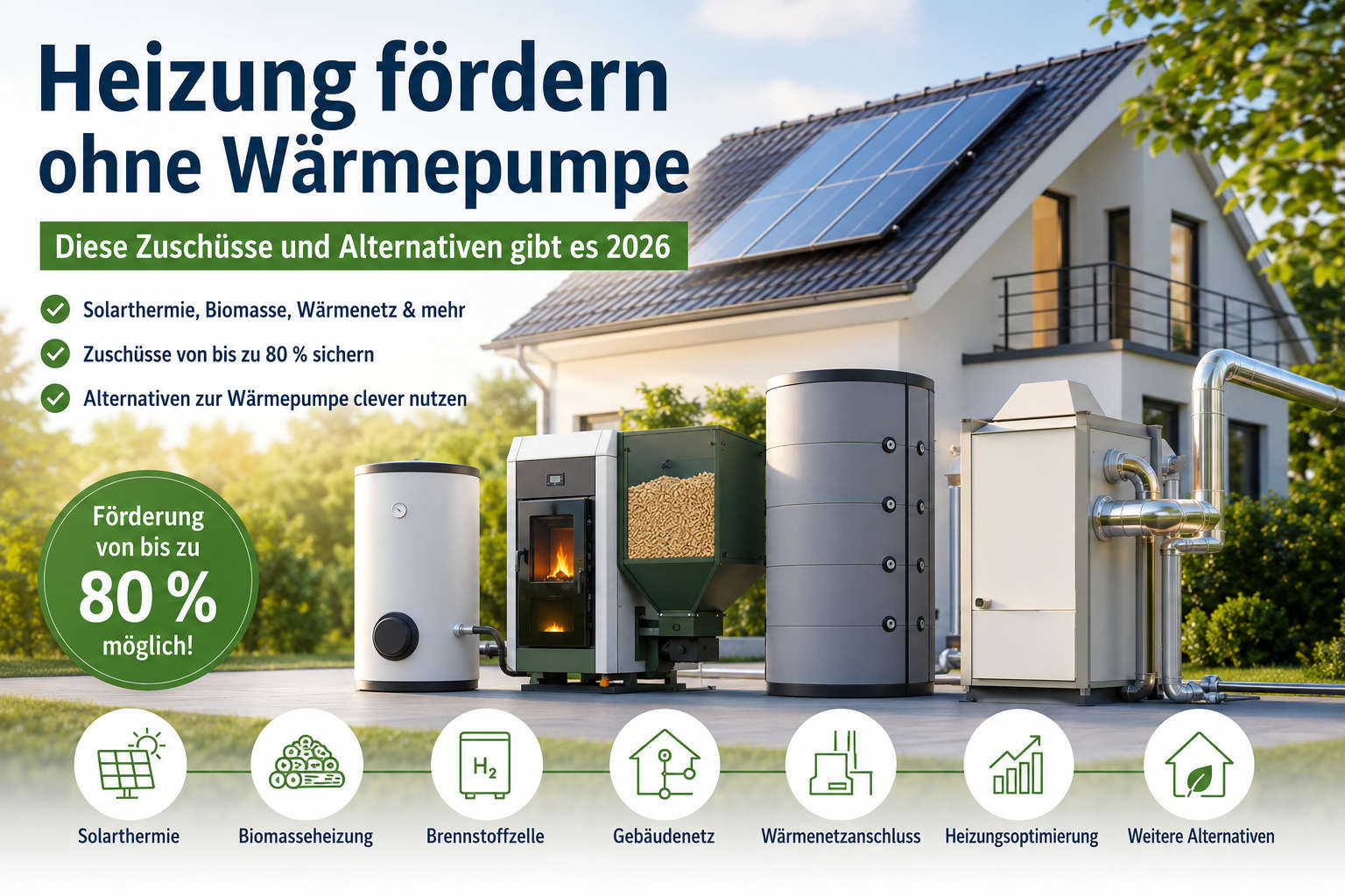 Heizung fördern ohne Wärmepumpe – Zuschüsse und Alternativen 2026 Heizung fördern ohne Wärmepumpe: Titelbild zu Zuschüssen und geförderten Heizungsalternativen 2026 für Wohngebäude