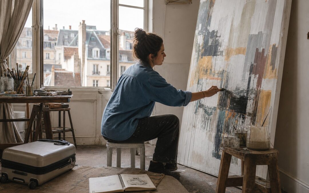 Künstlerin arbeitet während einer Künstlerresidenz im Atelier im Ausland