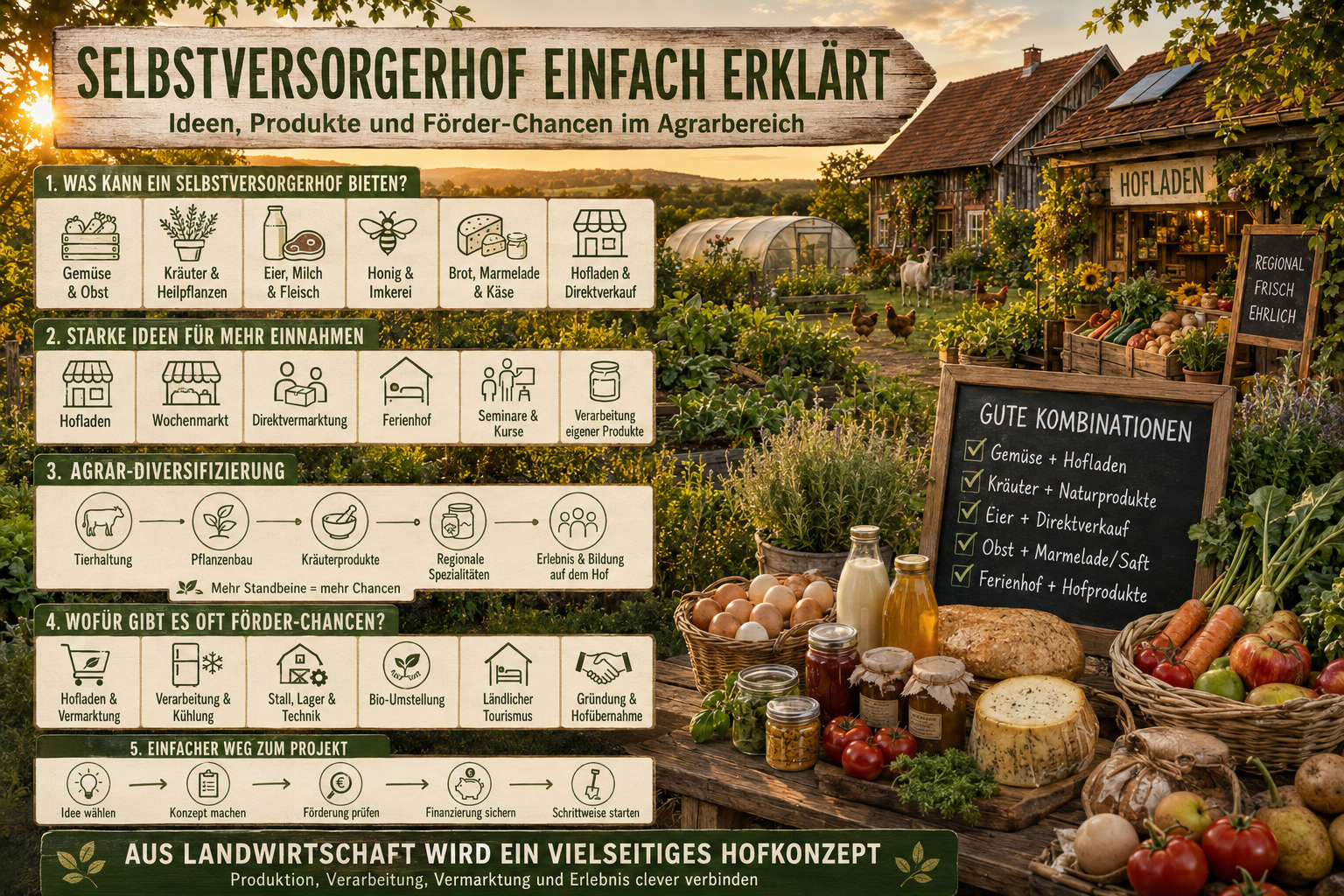 Eigener Selbstversorgerhof – Förderungen und Finanzierung Selbstversorgerhof mit Garten, Solardach und ländlichem Leben als Symbol für Förderungen und Finanzierung