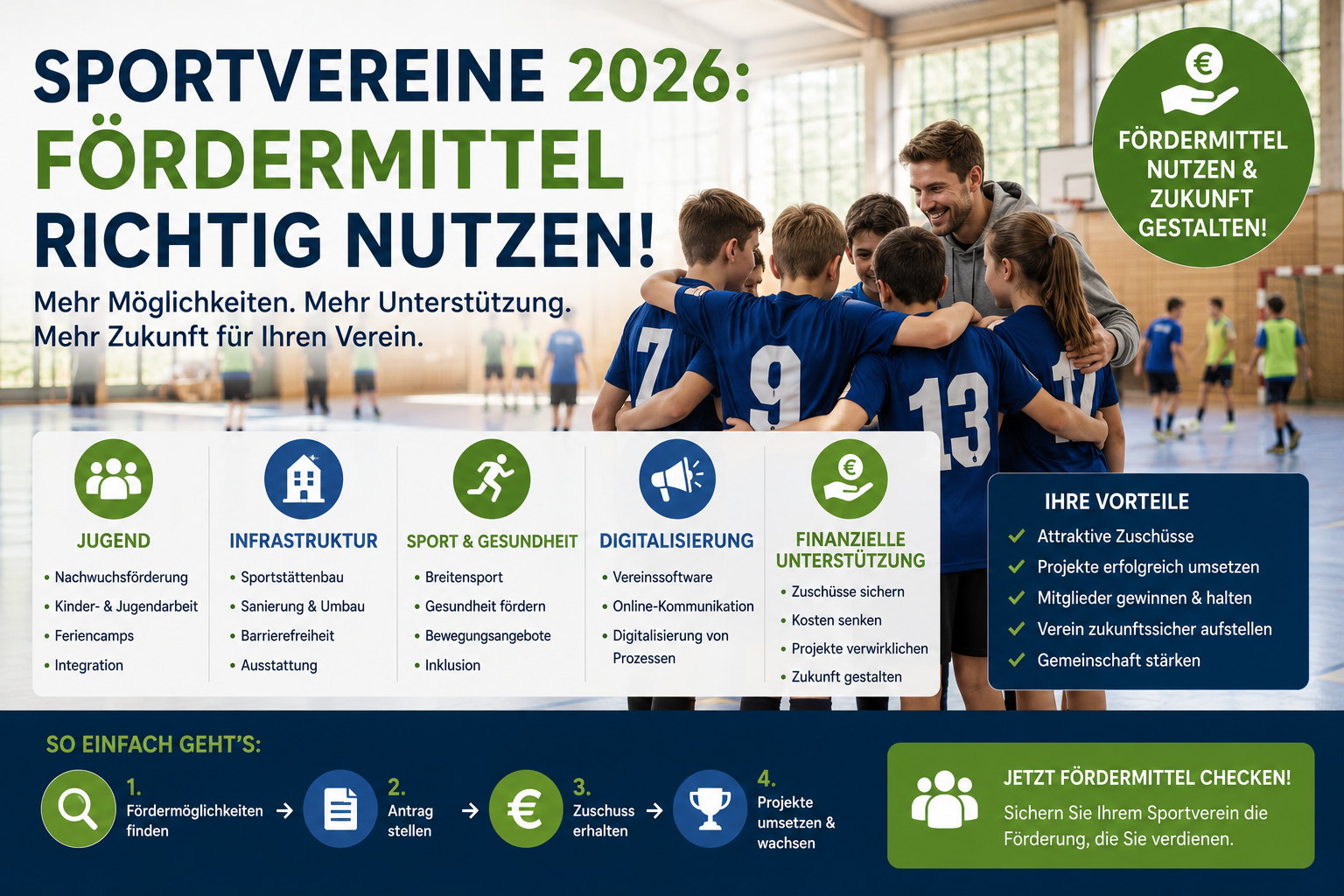 Sportvereine 2026 – Fördermittel für Halle, Jugend und Vereinsprojekte nutzen Moderne Infografik zu Fördermitteln für Sportvereine 2026 mit Jugendmannschaft, Sporthalle, Infrastruktur, Digitalisierung und Zuschüssen.