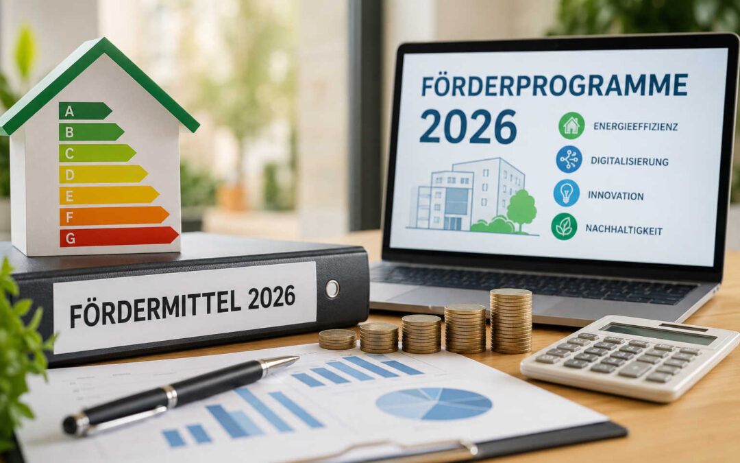 Symbolbild zu staatlichen Förderprogrammen 2026 mit Energieeffizienz-Haus, Fördermittel-Unterlagen, Münzen, Laptop und Themen wie Digitalisierung, Innovation und Nachhaltigkeit.