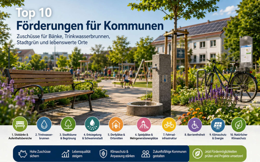 Förderungen für Kommunen für Sitzbänke, Trinkwasserbrunnen, Stadtgrün, Radverkehr und Klimaschutz