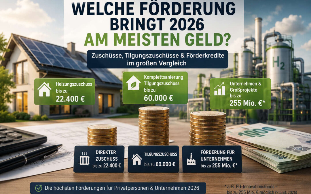 Welche Förderung bringt 2026 am meisten Geld? Vergleich von Heizungszuschuss, Tilgungszuschuss und Unternehmensförderung.